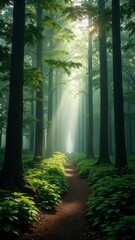 Obraz premium A serene forest scene with sunlight filtering through the trees