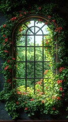 Ornate Window Frame Adorned With Lush Green Vines and Red Blossoms