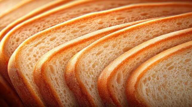 Close-up of sliced toasted bread, golden edges with airy crumb, beautifully detailed in digital art style, appetizing look