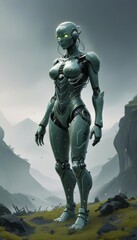 Fototapeta premium Robotic Guardian in a Green Valley