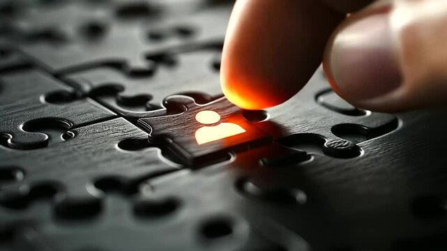 Close-up of a wooden puzzle with one glowing person icon piece missing, as a hand places it into the perfect fit, symbolizing the hiring process.