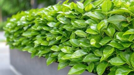Fototapeta premium Lush green hedge growing in a modern grey planter box outdoors on a bright sunny day.