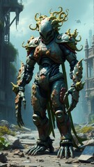 Fototapeta premium Alien Cyborg in Overgrown Ruins