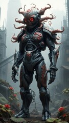 Fototapeta premium Mutated Robot Standing Among Urban Decay