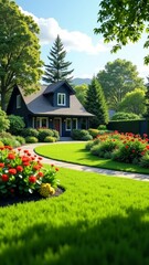 Fototapeta premium A serene and well-manicured lawn, surrounded by vibrant flowers and trees