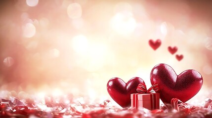 Beautiful romantic valentine's day card with opulent red hearts and thoughtful gift boxes on a soft background