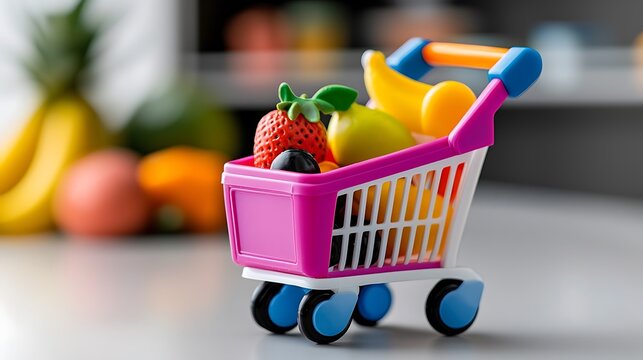 Miniature shopping cart filled with toy fruits on a table.