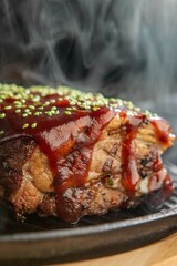 Barbecue Ribs with French Fries and Coleslaw on Rustic Fur Background