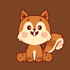  A cute cartoon squirrel with big cheeks and a cheerful expression sitting happily on a brown background.