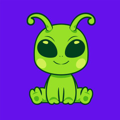  A green alien with large shiny black eyes and cute antennae sitting happily on a vibrant purple background.