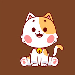 A cheerful calico cat with pink cheeks and a bell collar sitting on a brown background.