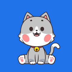  A cute gray cat with pink cheeks and a bell collar sitting happily on a blue background.