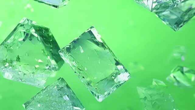 Shattered ice blocks on a vibrant green background. Green screen chromakey.