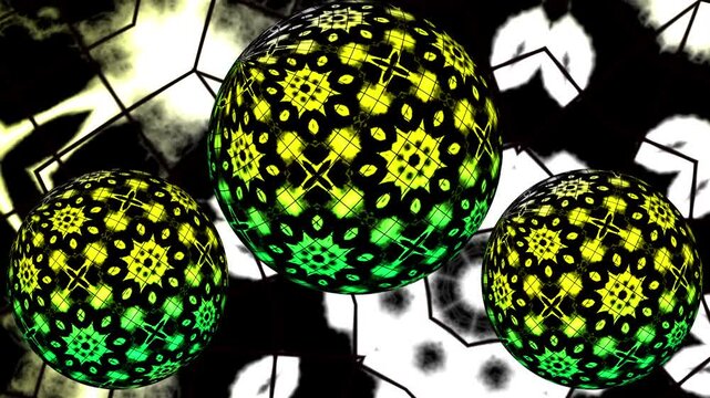 The moving line background is black yellow white green with 3 black yellow green moving line texture balls rotating in opposite directions. 3D animation

