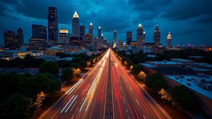 Fototapeta premium A city skyline at dusk, with a highway in the foreground