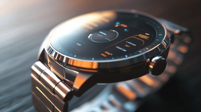 A contemporary smartwatch rests on a wooden table, displaying its digital interface with various settings. The metallic strap complements its sophisticated appearance and advanced technology.