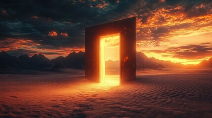 Surreal Desert Landscape with Open Door Dream Escape Opportunity