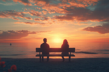 Obraz premium Romantic couple admiring the sunset from a beachside bench