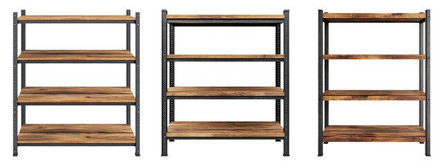Isolated Industrial Shelving Unit with Wooden Planks on Transparent Background