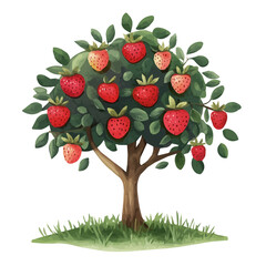 Strawberry Tree with Fruit – Watercolor Art, Fresh Botanical Illustration, Lush Strawberry Tree Painting, Vibrant Nature-Inspired Artwork, Detailed Watercolor Design
