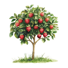 Strawberry Tree with Fruit – Watercolor Art, Fresh Botanical Illustration, Lush Strawberry Tree Painting, Vibrant Nature-Inspired Artwork, Detailed Watercolor Design
