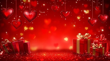 Elegant and romantic valentine's day design with rich red hearts and festive gifts for a love-filled occasion