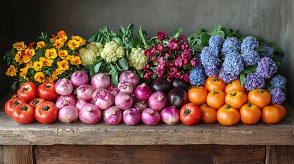 Fresh seasonal vegetables and edible flowers arranged on a rustic kitchen table for a clean and colorful meal prep