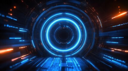 Obraz premium Futuristic Digital Portal with Glowing Blue Rings Abstract Background Design for Tech and Modern Graphic Resources