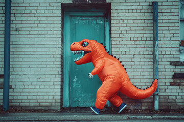 Person wearing an inflatable orange dinosaur costume walking in an urban setting