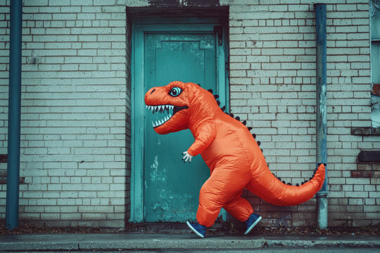 Person wearing an inflatable orange dinosaur costume walking in an urban setting