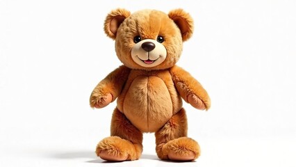 Obraz premium cute brown fluffy smiling teddy bear toy dancing on isolated white background and looking at camera. childhood concept. toy store. toy comes to life. 4k