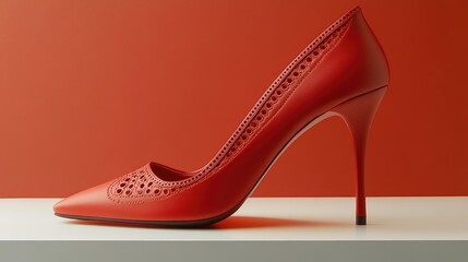 Obraz premium Elegant red high heels with intricate stitching, displayed on a clean white surface with a vibrant orange background.