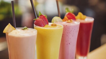 A vibrant smoothie bar with gluten-free options, featuring a variety of smoothies made with gluten-free ingredients, promoting health and refreshment