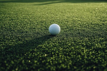 Golf ball rests on lush green grass. Perfect for golf, sports, and leisure themes.
