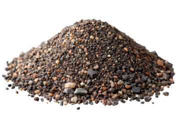 A pile of dark, granular material, possibly sand or gravel, showcasing various small particles. transparent background