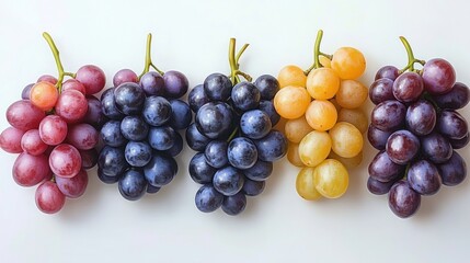 Fototapeta premium Assorted Fresh Grapes Displayed on White Background Showcasing Vibrant Colors Textures and Healthy Varieties