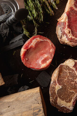 Assorted Cuts of Raw Meat with Knives, Charcoal, and Herbs on Rustic Background