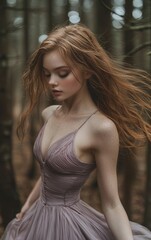 Redhead Woman In Purple Dress Stands In Forest
