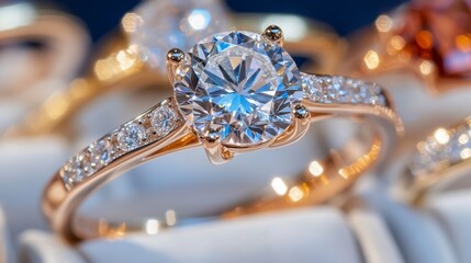 Close-up of a sparkling diamond engagement ring on a plush display, showcasing elegance and luxury