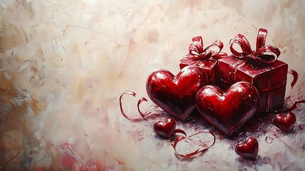 Heartfelt valentine's day card with lavish red hearts and luxurious gifts set against a soft background