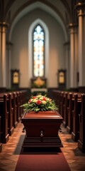Fototapeta premium A casket adorned with flowers in a church, symbolizing reverence and respect