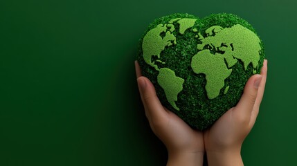 Green Heart, Green Earth:  A pair of hands gently cradles a heart-shaped earth crafted from lush green foliage. The earth is a symbol of care, hope, and sustainability.