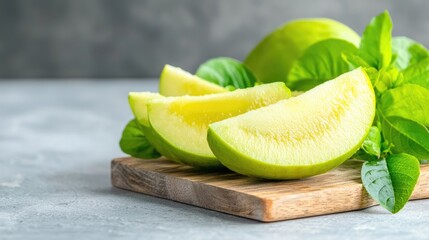 Sliced honeydew melon on wooden board, grey background.  Food photography for recipe blogs