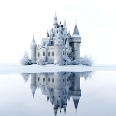 Obraz premium Majestic Winter Castle Reflecting on Frozen Lake