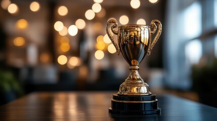 Gold trophy on dark wooden table, bokeh background. Perfect for success, achievement, awards concepts.