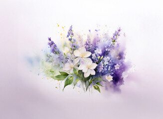 A watercolor painting of a bouquet of white and purple flowers, set against a soft, light purple background with subtle watercolor splatters.