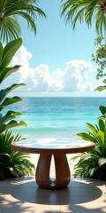 A serene tropical setting, featuring a wooden table and lush greenery