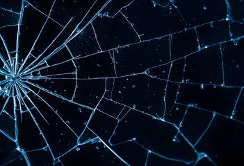 Broken glass as spider web or as bullet hole in the door photography, black and white isolated background	