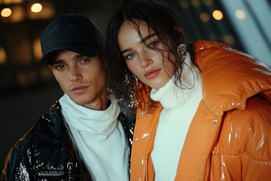 Middle Eastern celebrity in trendy jacket and sunglasses walking with male partner at night in urban setting - Powered by Adobe