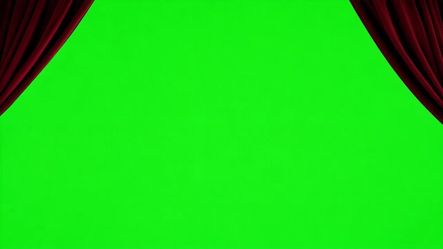 A vibrant green screen framed by elegant red curtains, ideal for editing, video production, or creative presentations. Video opening, intro concept. 4k video footage
